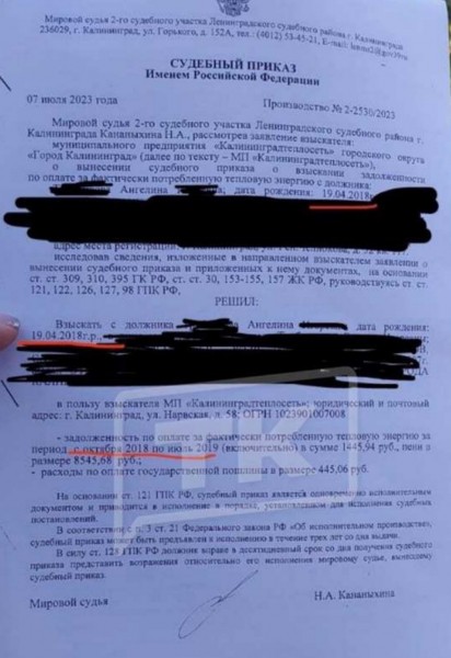 Калининградские коммунальщики требуют долг с пятилетнего ребенка