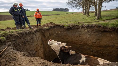 Корову тащили из ямы автомобильной лебедкой Корову тащили из ямы автомобильной лебедкой